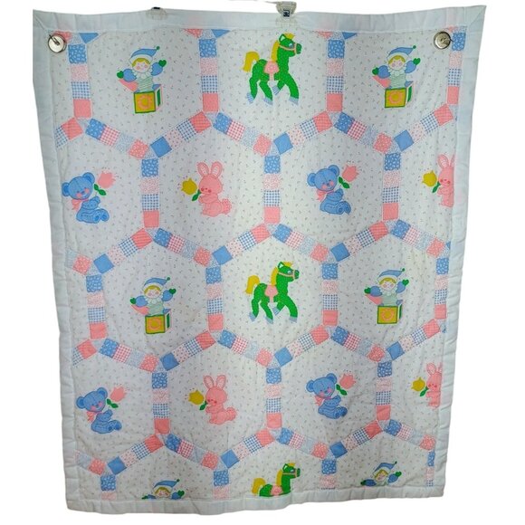Vintage Baby Quilt Green Yellow Horse Pink Bunny Blue Polka dot Bear Tulips Flow - Picture 1 of 6